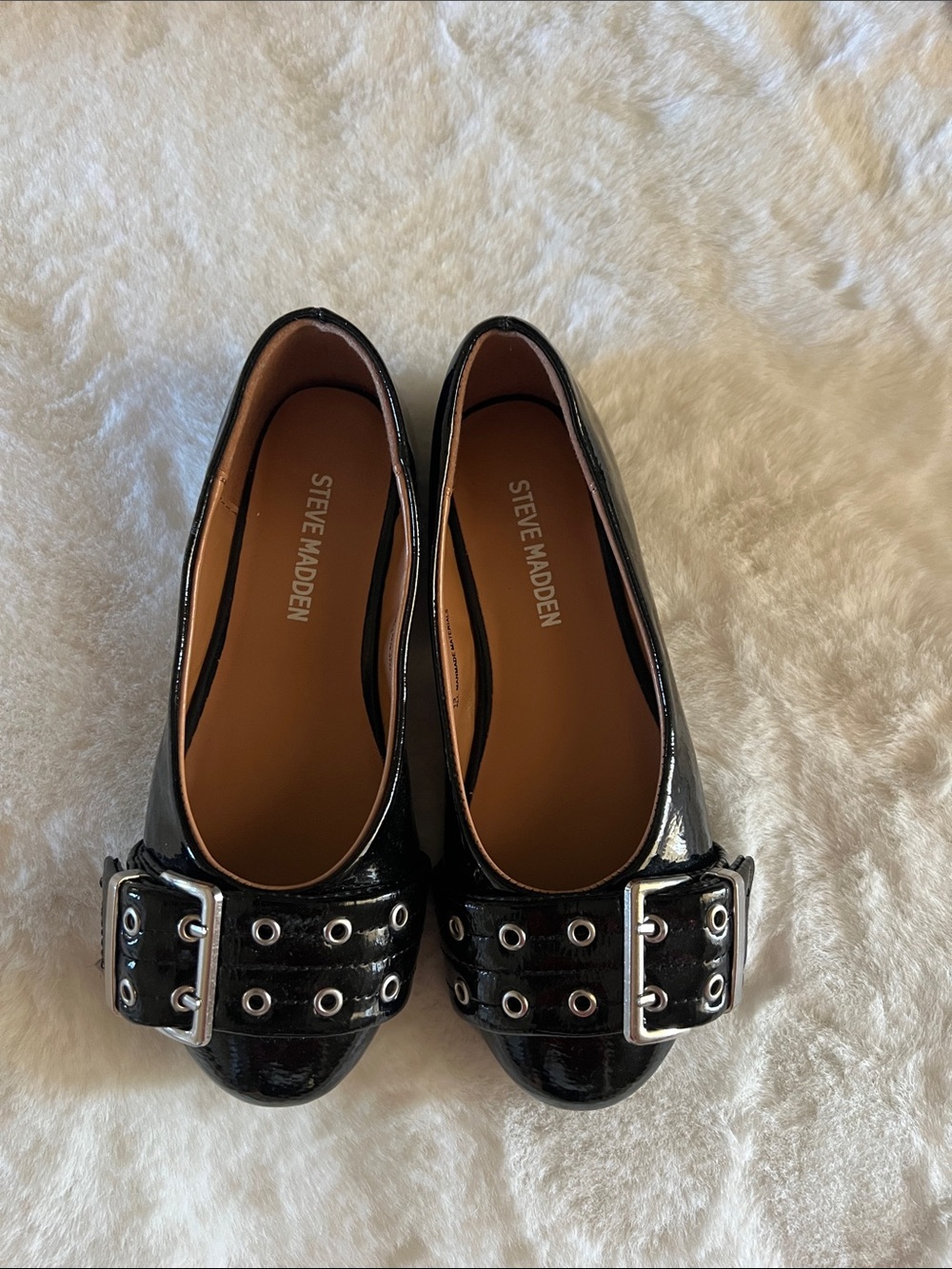 Steve Madden Black Patent Ballet Flats with Silver Buckles